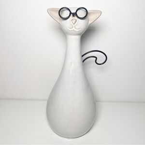Ceramic Cat with Round Glasses, White, Cat Decor